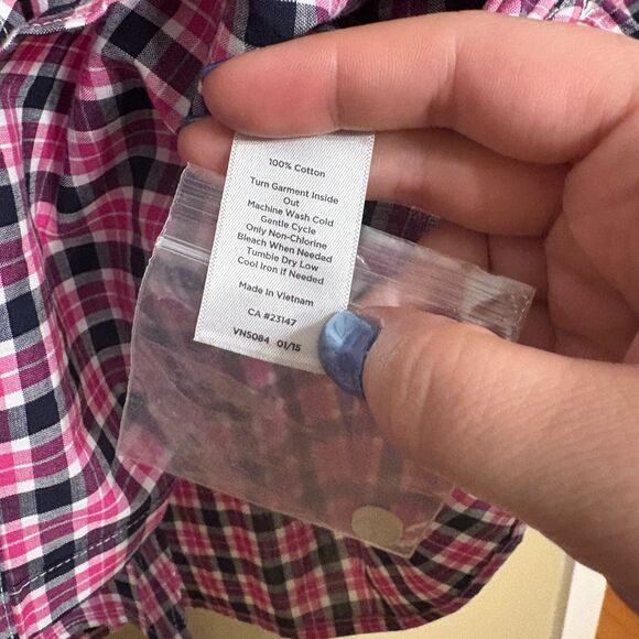 Talbots Pink Black White Plaid Button Down Cotton Blouse Petite Large NWT - Picture 9 of 9